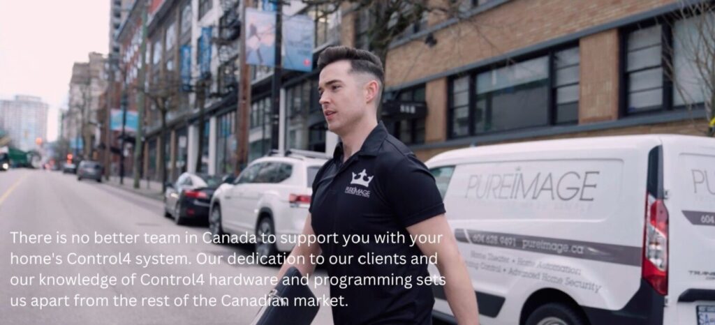 Pure Image technician on a service call for a Control4 tower project in Vancouver, with a Pure Image van in the background