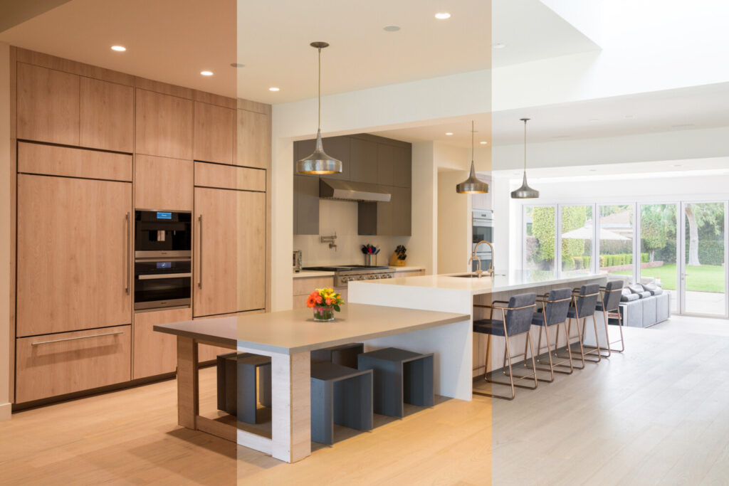 Beautiful kitchen in West Vancouver featuring Lutron Ketra lighting and motorized blinds for seamless smart home integration