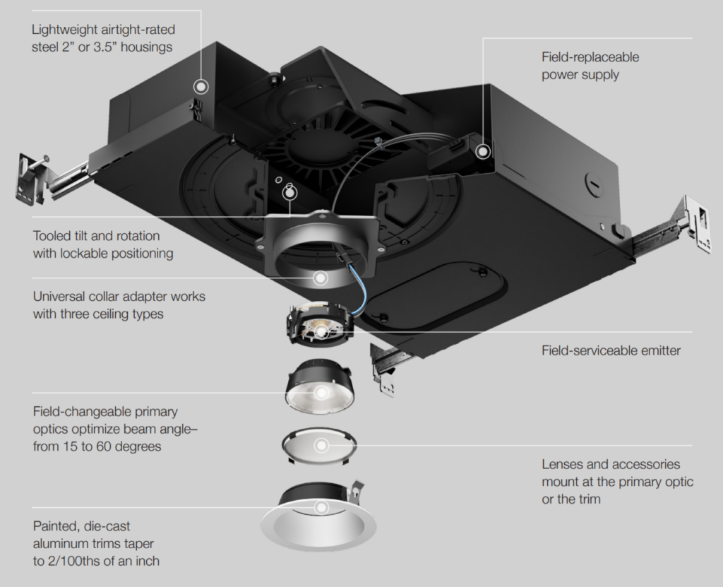 Lutron Rania D2 potlight disassembled, displaying its individual components and design elements