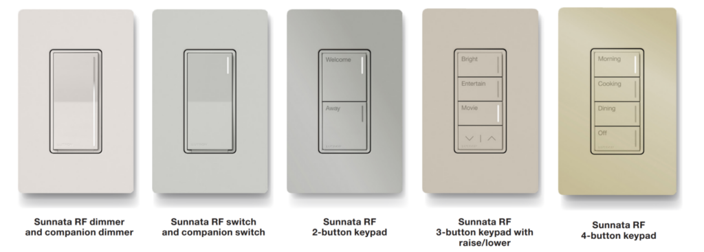 Lutron seeTouch keypads in three different styles, showcasing versatile smart lighting control options