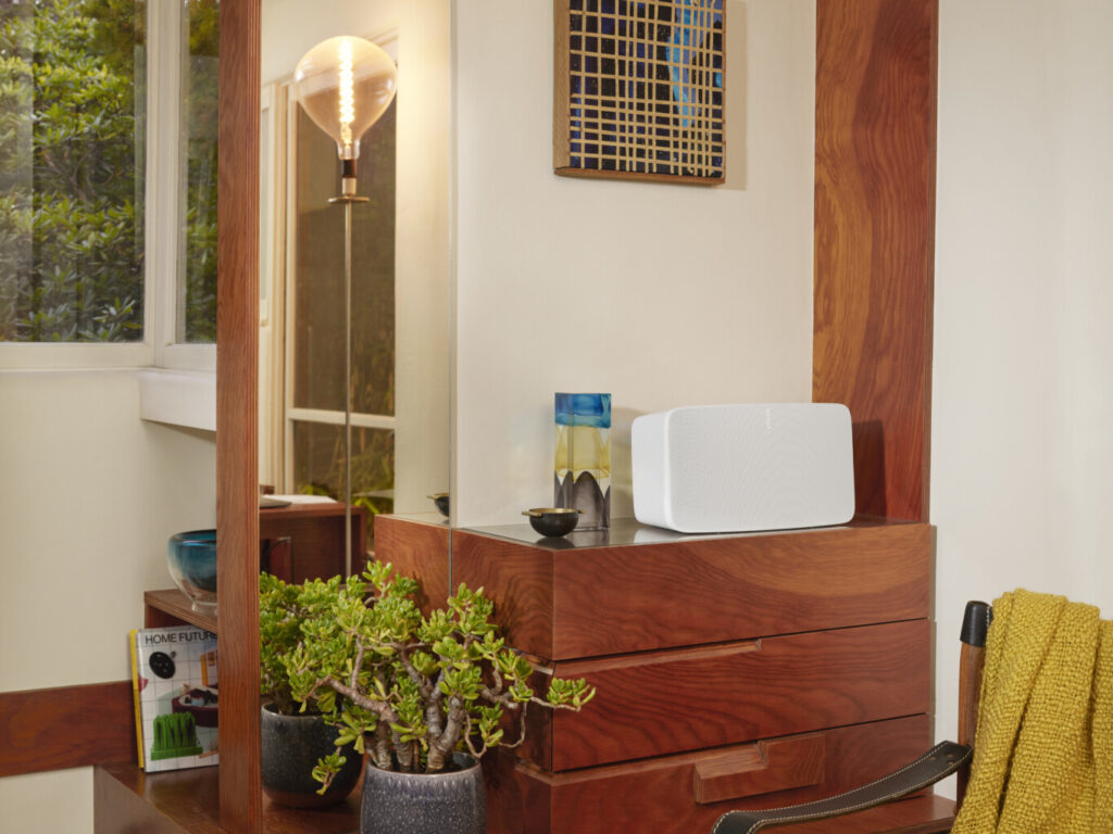 Sonos speakers installed in a modern smart home, delivering seamless, high-quality audio throughout daily life, from busy mornings to relaxing evenings and lively weekends.