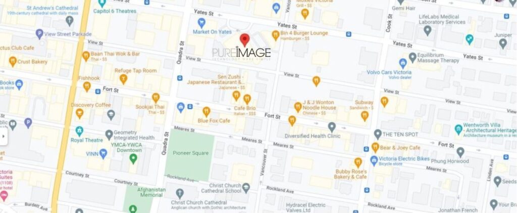 Map showing the location of Pure Image in Victoria, BC, offering custom smart home and automation solutions