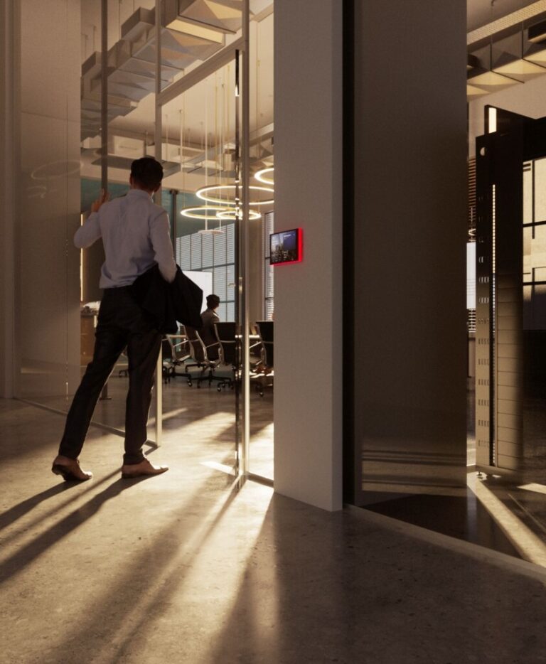 Wall-mounted control panel beside a glass-walled boardroom