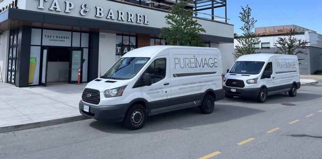 Pure Image Van in front of a Tap & Barrel Restaurant in Langley with a new audio, video, security system that Pure Image was working on