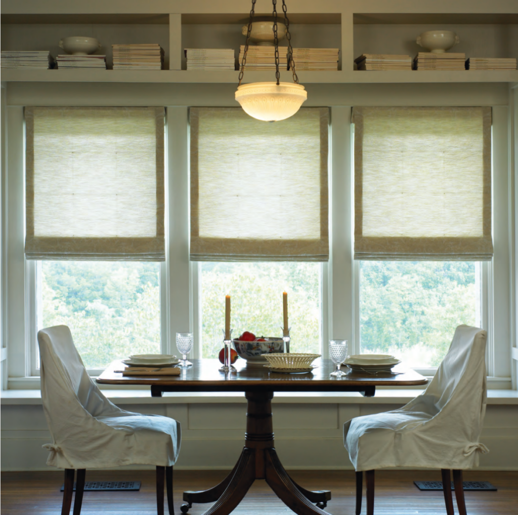 Roman shades by Lutron offer timeless elegance and customizable light control, combining luxurious fabric with sophisticated design. These shades provide both privacy and style, perfect for creating a cozy, refined atmosphere in any room.