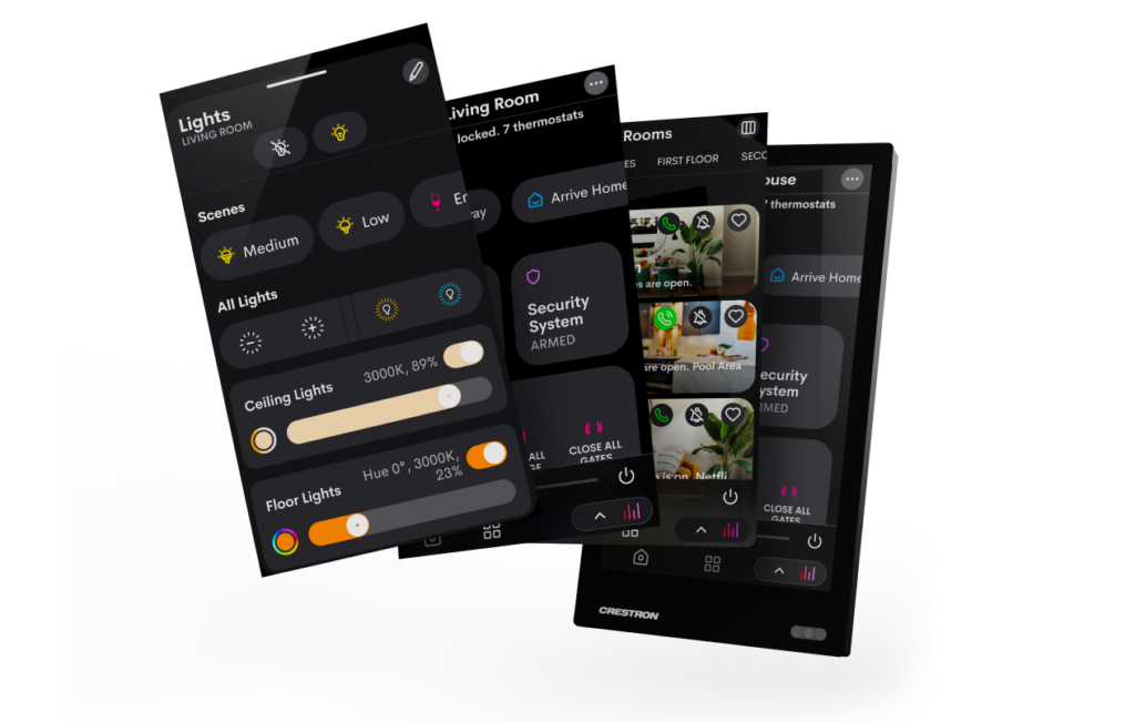 Multiple screenshots of the Crestron Home OS4 interface showcasing lighting control, room view, room selection, and whole-house automation