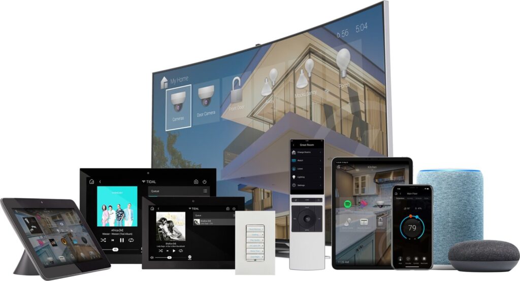 Collection of smart home devices and control interfaces, including touchscreens, tablets, keypads, and voice assistants, showcasing integrated home automation technology by Pure Image in Vancouver.
