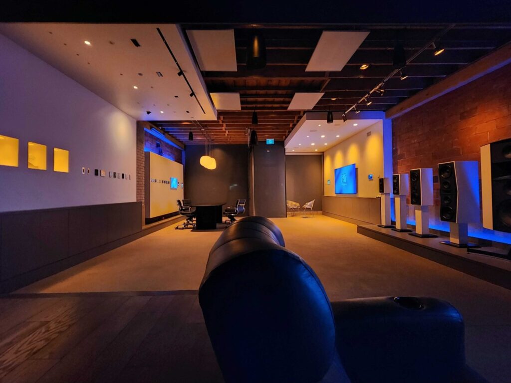 Yaletown showroom in the evening illuminated with Ketra lighting, showcasing the innovative full-spectrum system by Lutron that transforms interior ambiance and sets a new standard in lighting technology.
