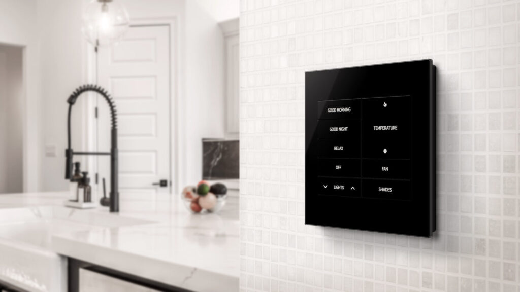 Crestron Horizon Keypad in the beautiful modern kitchen with detailed engravings and smart solutions 