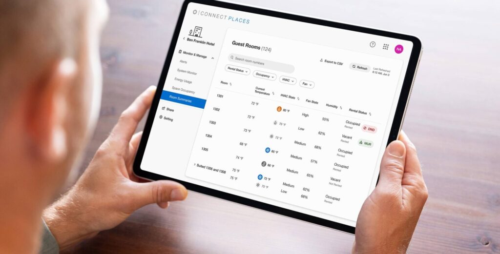 myLutron touchscreens offer hotel guests intuitive control of lighting, shades, and comfort settings.