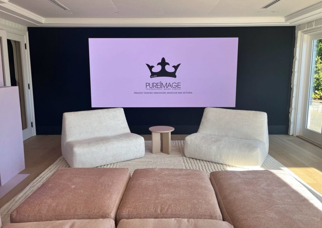 Pure Image Quantum Video Wall installation in a luxury Canadian home — first-ever Canadian installation of a high-resolution, MicroLED video wall for home cinema, entertainment, and immersive visual experience.