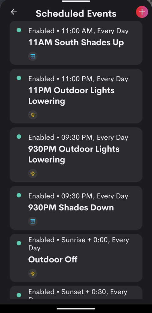 Crestron Home scheduled events interface showing automated lighting and motorized shade controls