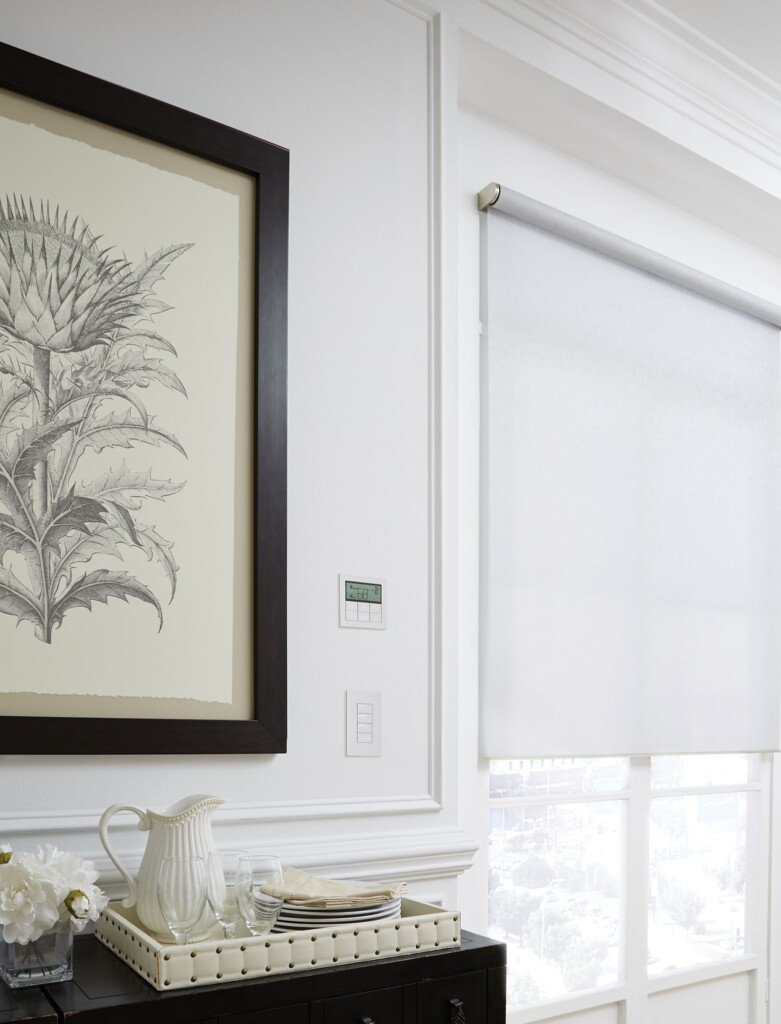 Lutron Motorized Window Coverings, Palladiom Keypad and Thermostat in luxury house by Pure Image experts in Victoria and Vancouver Island