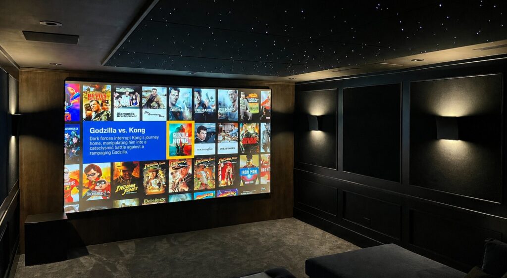 Custom luxury home theatre with fibre optic star ceiling, large format projection screen, Kaleidescape movie server and ambient wall lighting — Pure Image home theatre installation in Vancouver