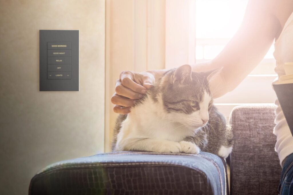 Crestron Home keypad with Good Morning, Good Night and Relax lighting scenes — smart home Crestron lighting control installation by Pure Image Victoria and Vancouver Island
