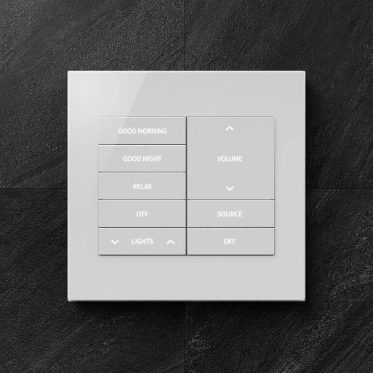 Crestron Horizon keypad with home theatre scene controls including Good Morning, Good Night and Relax — luxury home theatre lighting control installed by Pure Image Vancouver BC