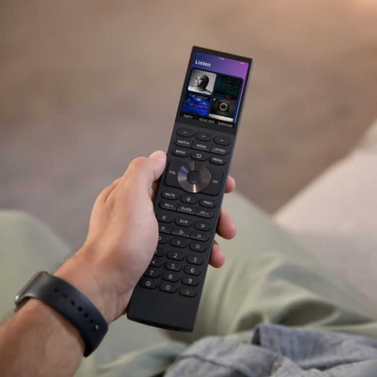 Crestron handheld remote control for luxury home theatre in Vancouver — one touch control for audio, video, lighting and motorized shading by Pure Image home theatre installation