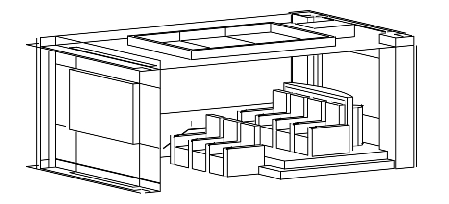 Architectural line drawing of custom luxury home theatre with tiered seating, projection screen wall and acoustic ceiling — bespoke home theatre design and engineering by Pure Image Vancouver BC