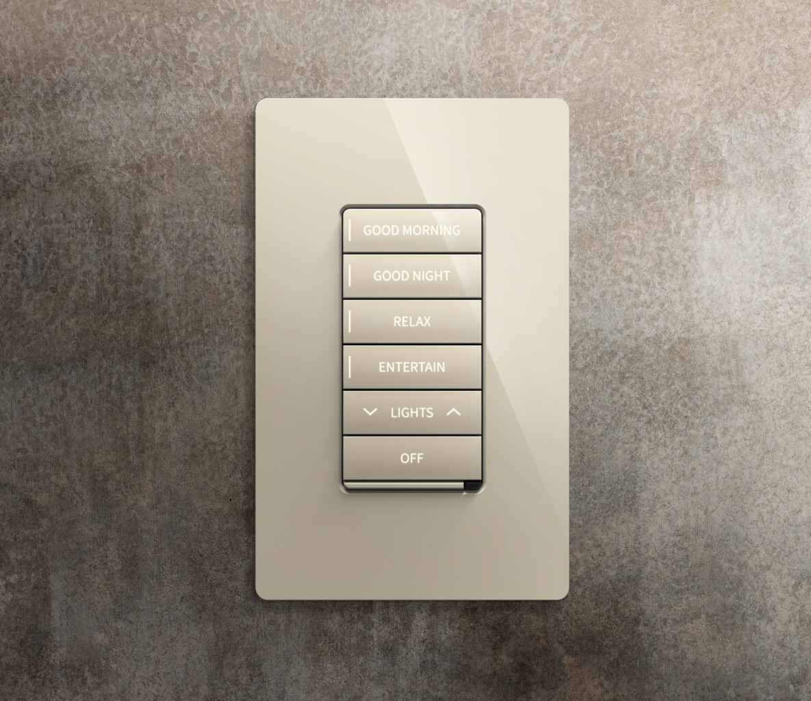 Crestron Cameo six-button keypad in almond smooth finish mounted on a wall