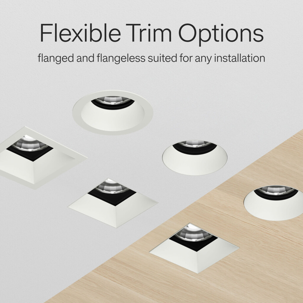 Flexible trim options for Lutron Rania D2 — flanged and flangeless round and square white trims installed in a plaster ceiling and a wood surface
