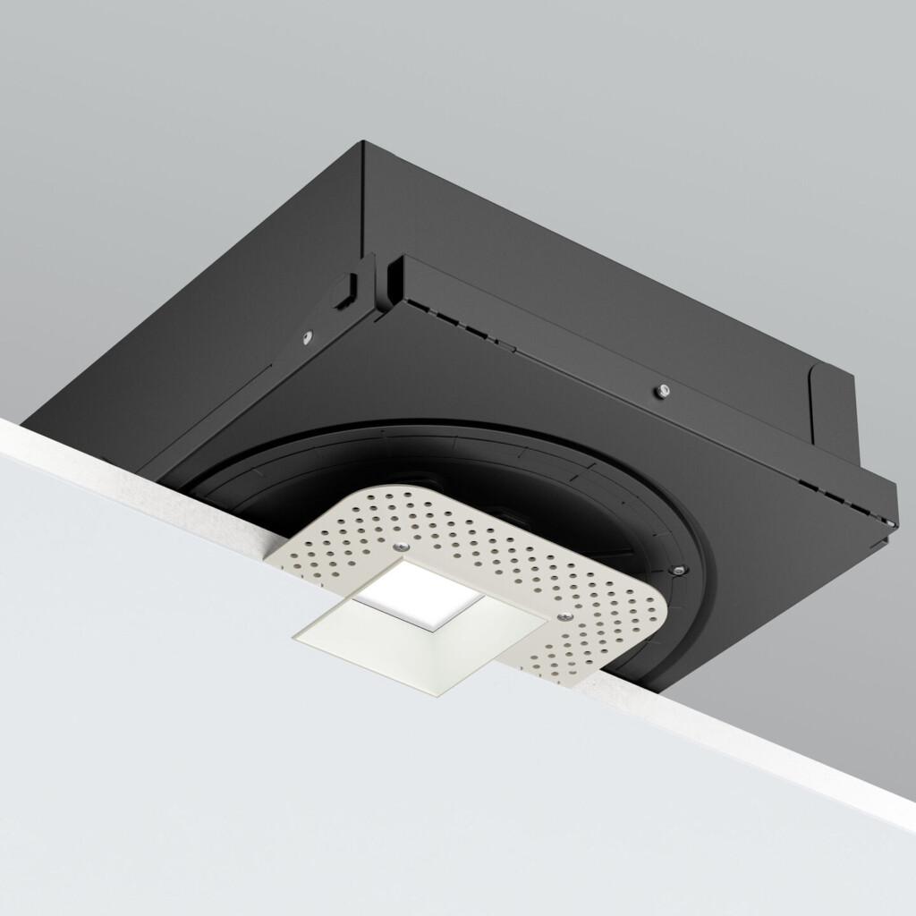 Recessed downlight housing for Lutron Rania D2 seen from above the ceiling, with a square white trim set into the drywall below