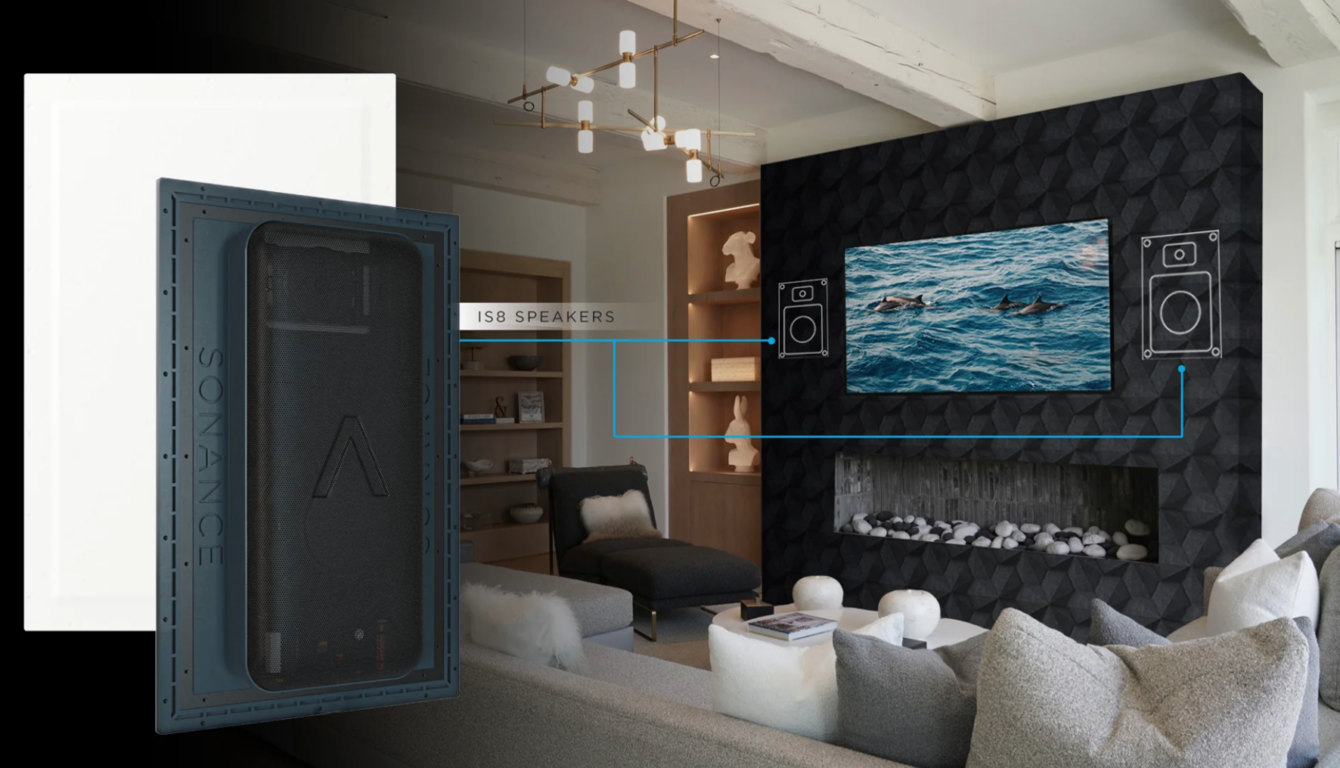 Diagram of a Sonance invisible speaker installed behind drywall with an acoustically isolating baffle
